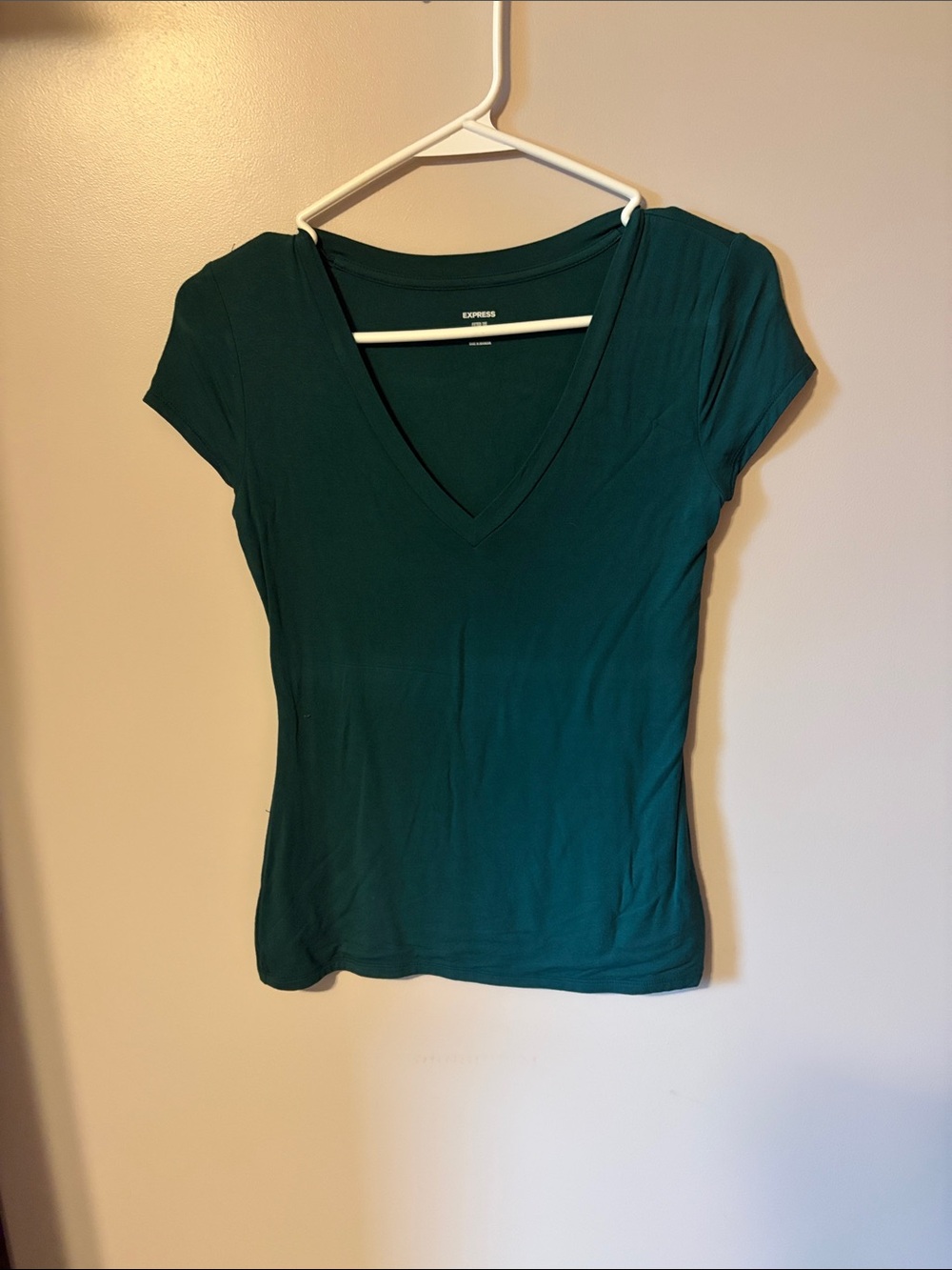 Express Women's Teal V-Neck Fitted Tee